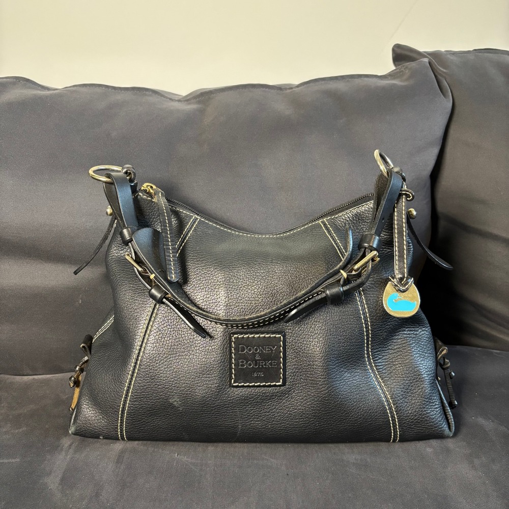 Dooney & Bourke Black Pebbled Leather Hobo Bag with Contrast Stitching